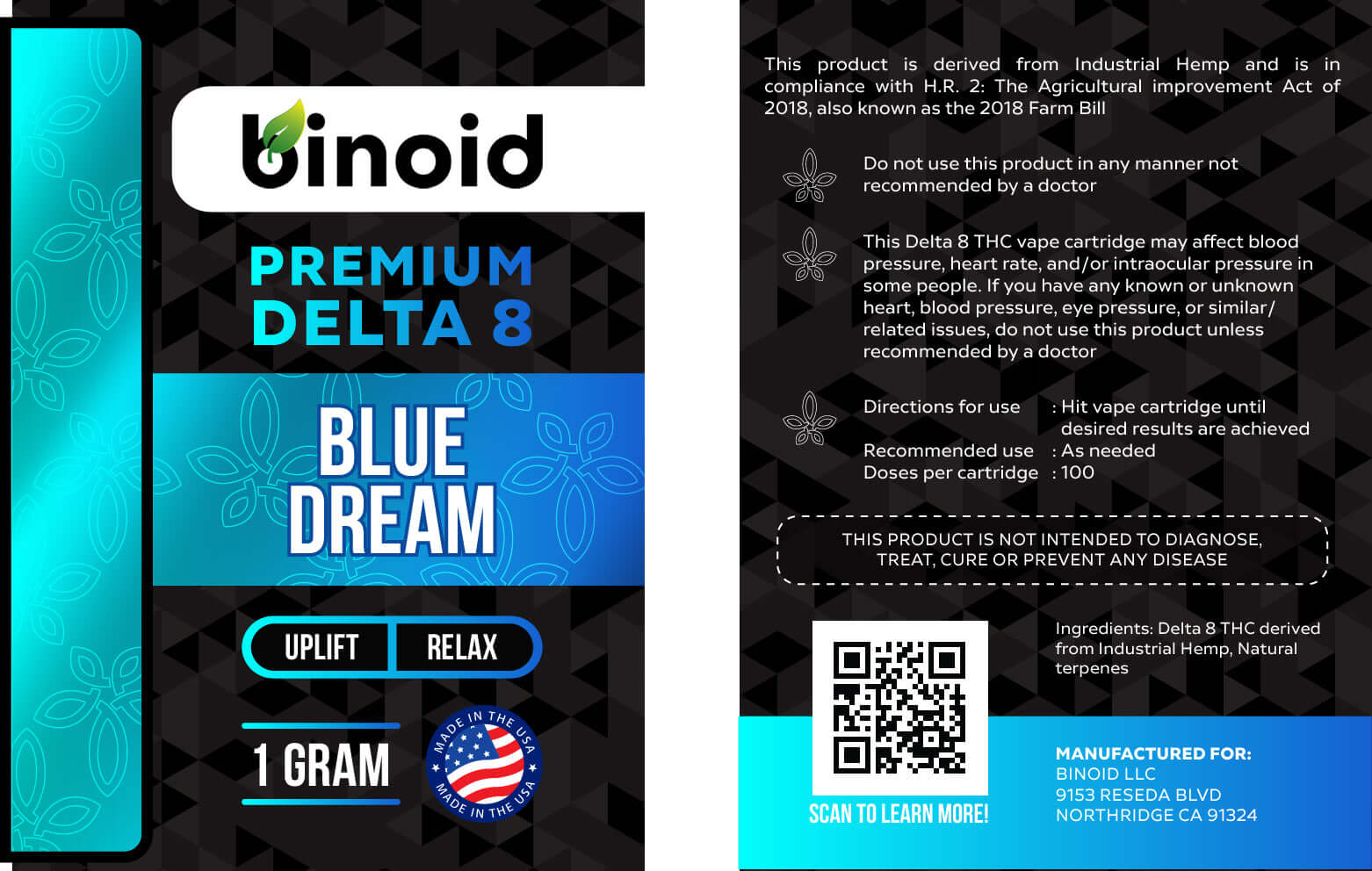 Binoid Delta 8 THC Vape Cartridge - 1 Gram - Blue Dream (Hybrid - Relax)